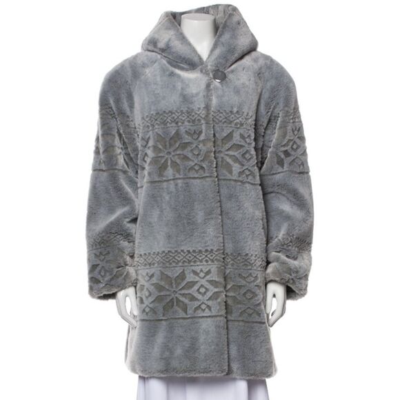 Dennis‎ Basso Faux Fur Hooded Winter Coat Jacket Snowflake Print Grey L - Picture 1 of 15